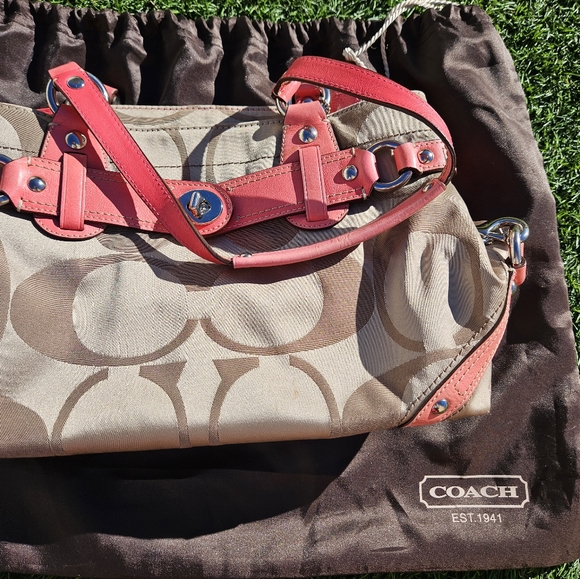 Coach Signature Canvas Shoulder Purse Satchel Neon Coral **WITH Coach Dust Bag** - Picture 9 of 16